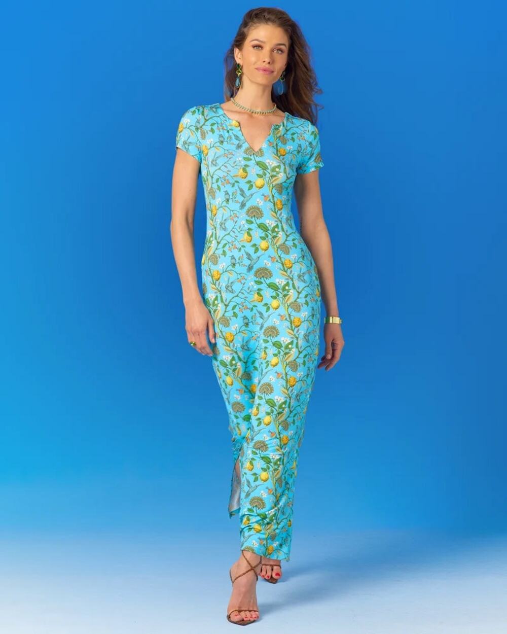 NicoBlu Flora Long Stretch Dress in Turquoise Hummingbird Print PL Petite Large